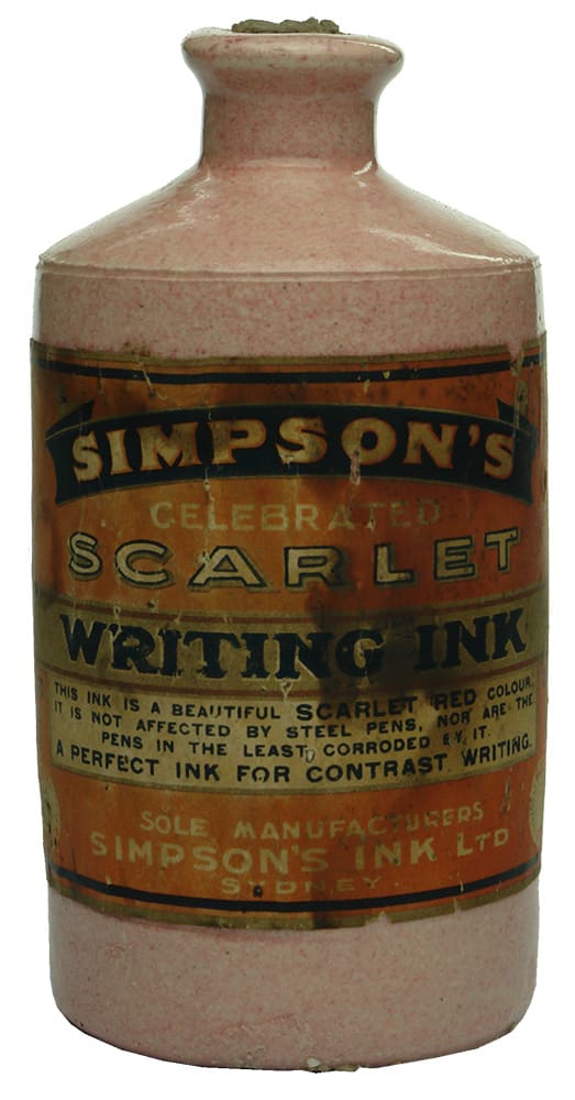 Simpson's Scarlet Writing Ink Stoneware Labelled Bottle