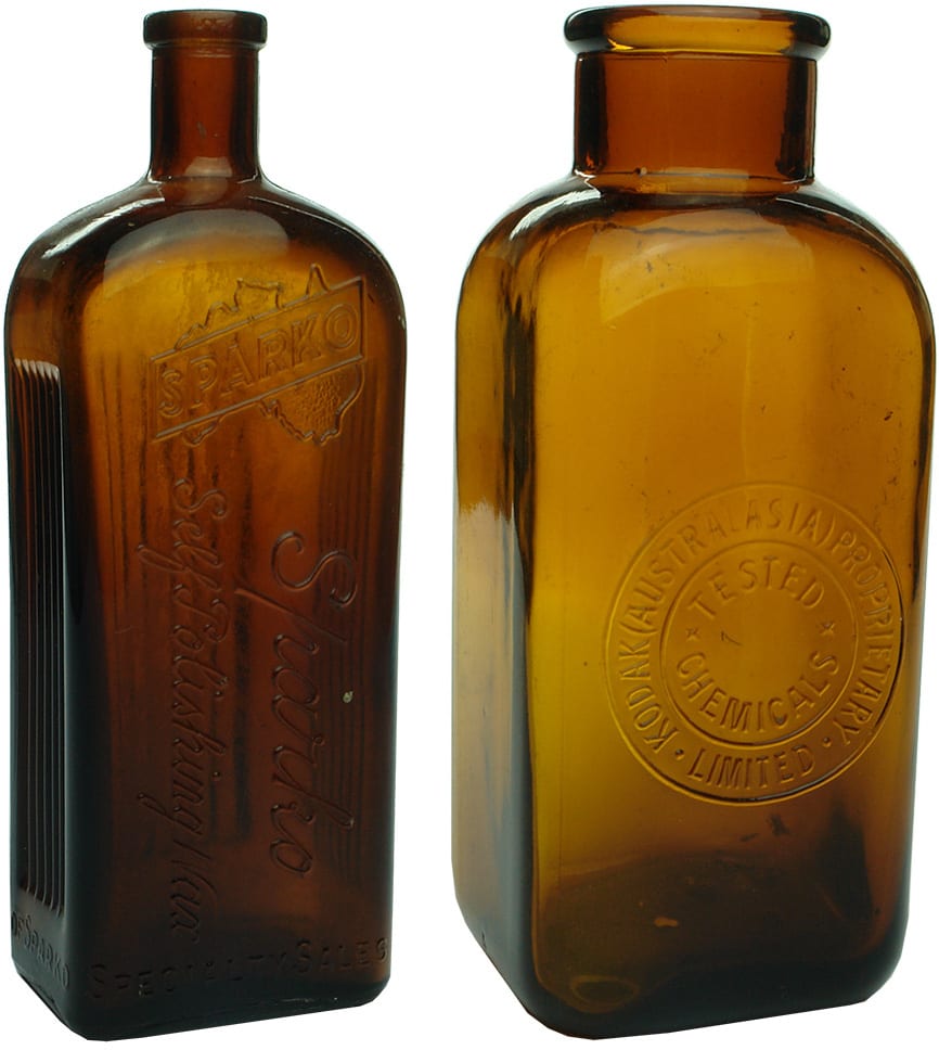 Pair Sparko Kodak Amber Glass Bottles