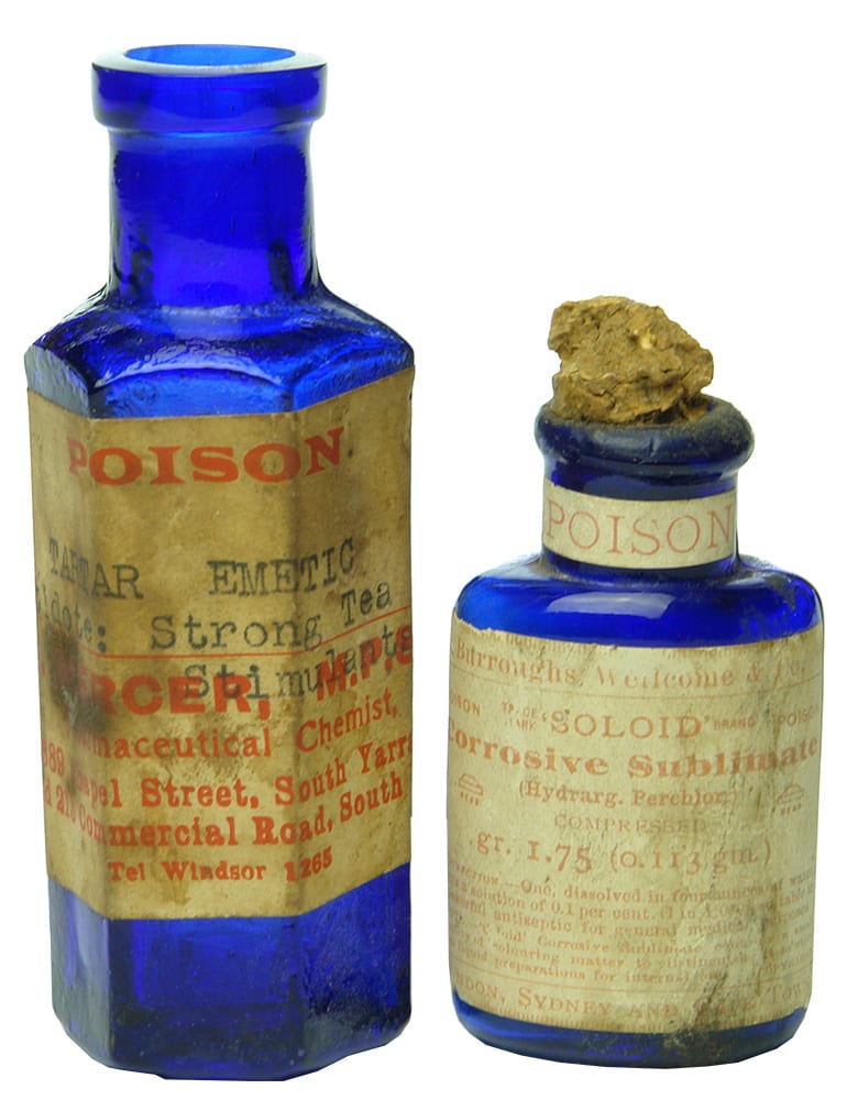Labelled Cobalt Blue Poison Bottles
