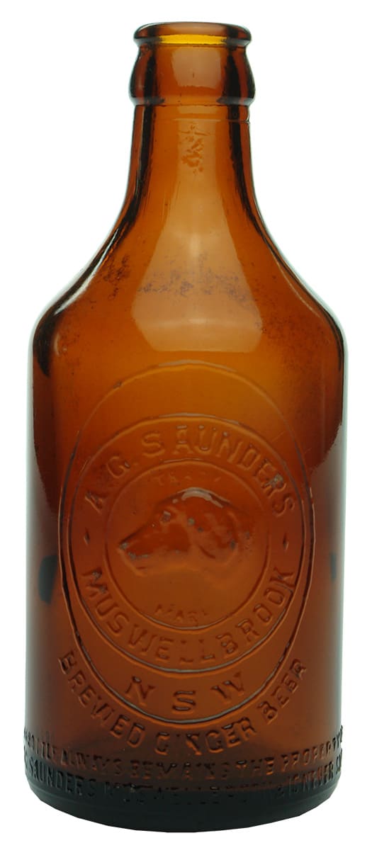 Saunders Muswellbrook Amber Glass Ginger Beer Bottle