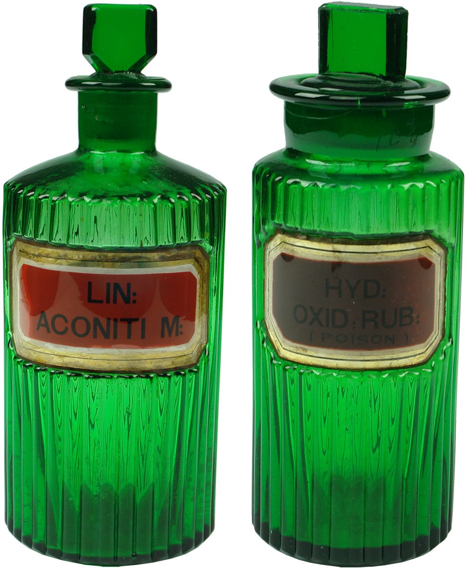 Green Glass Ribbed Pharmacy Jars