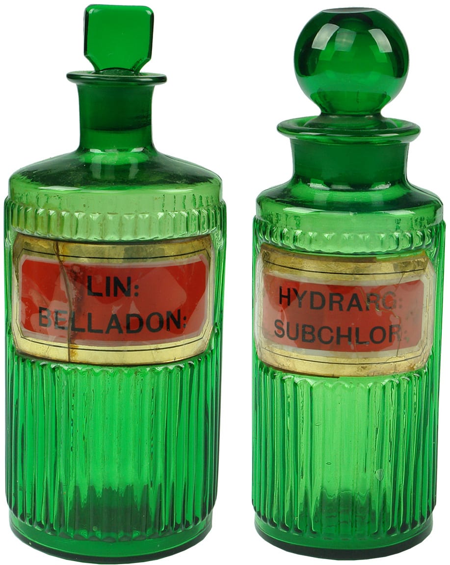 Green Glass Ribbed Pharmacy Jars