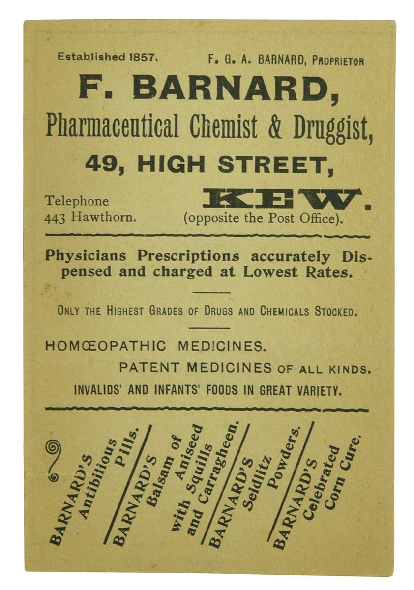 Barnard Kew Chemist Druggist Trade Card