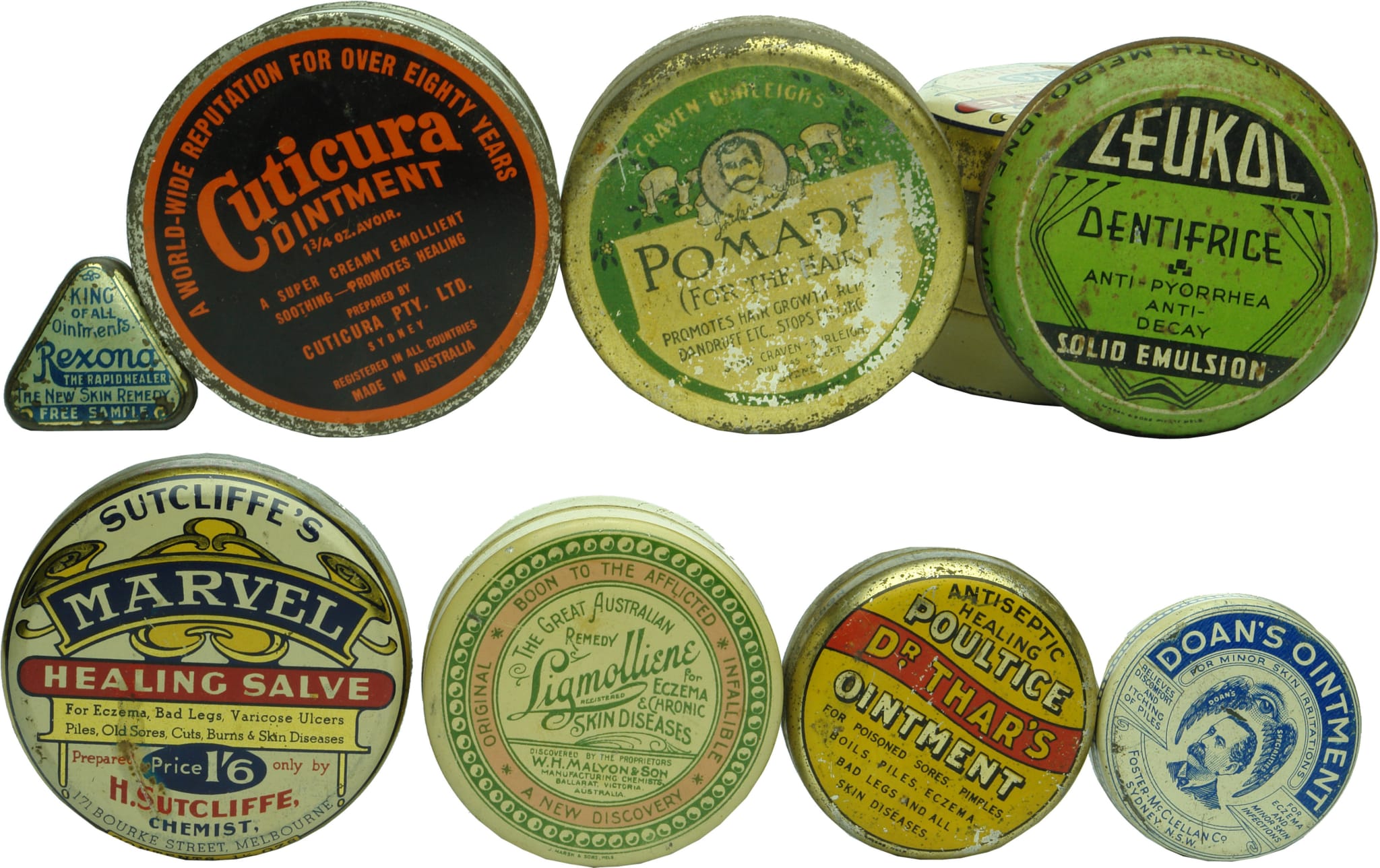 Collection Medicinal Cure Vintage Antique Tins