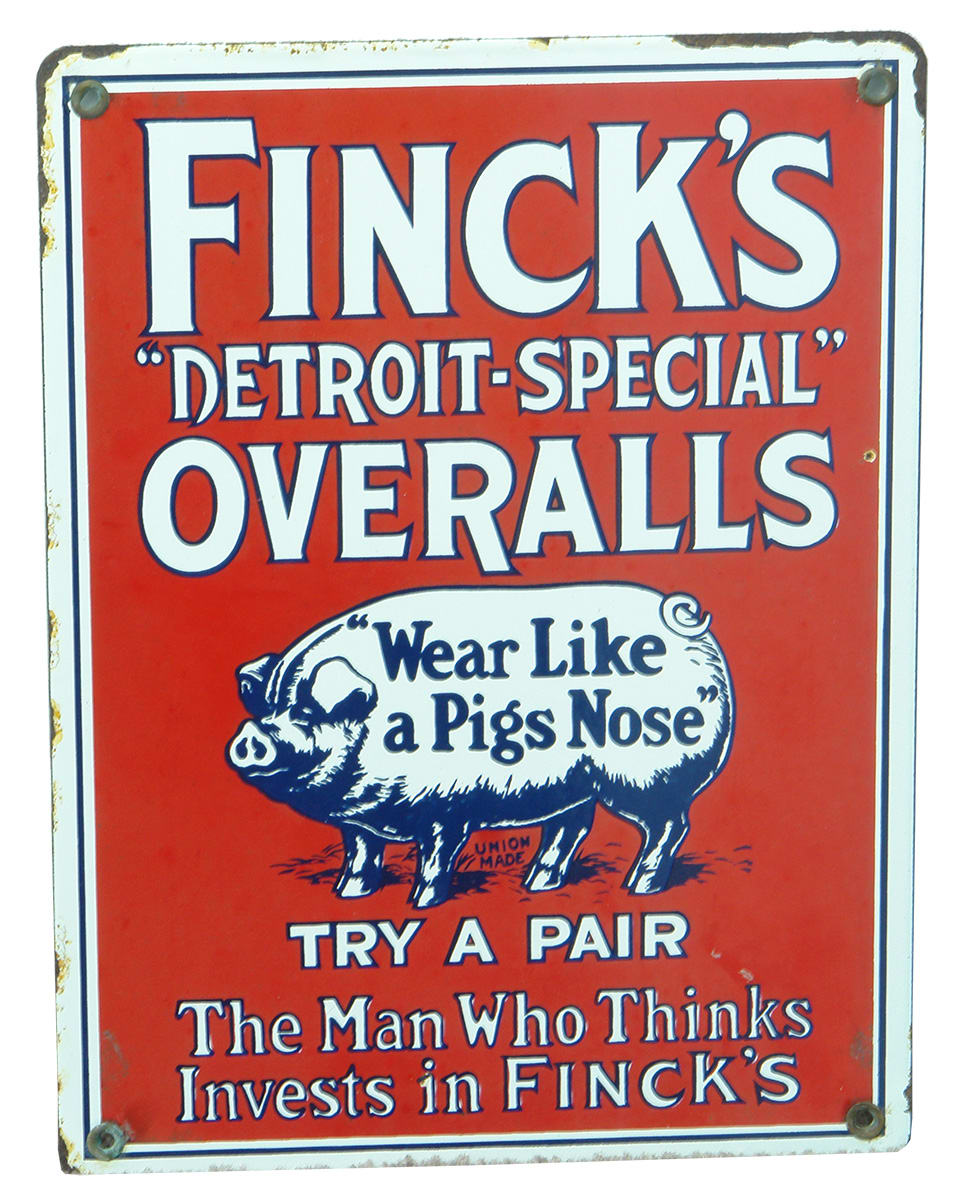 Fincks Detroit Special Overalls reproduction Enamel Sign