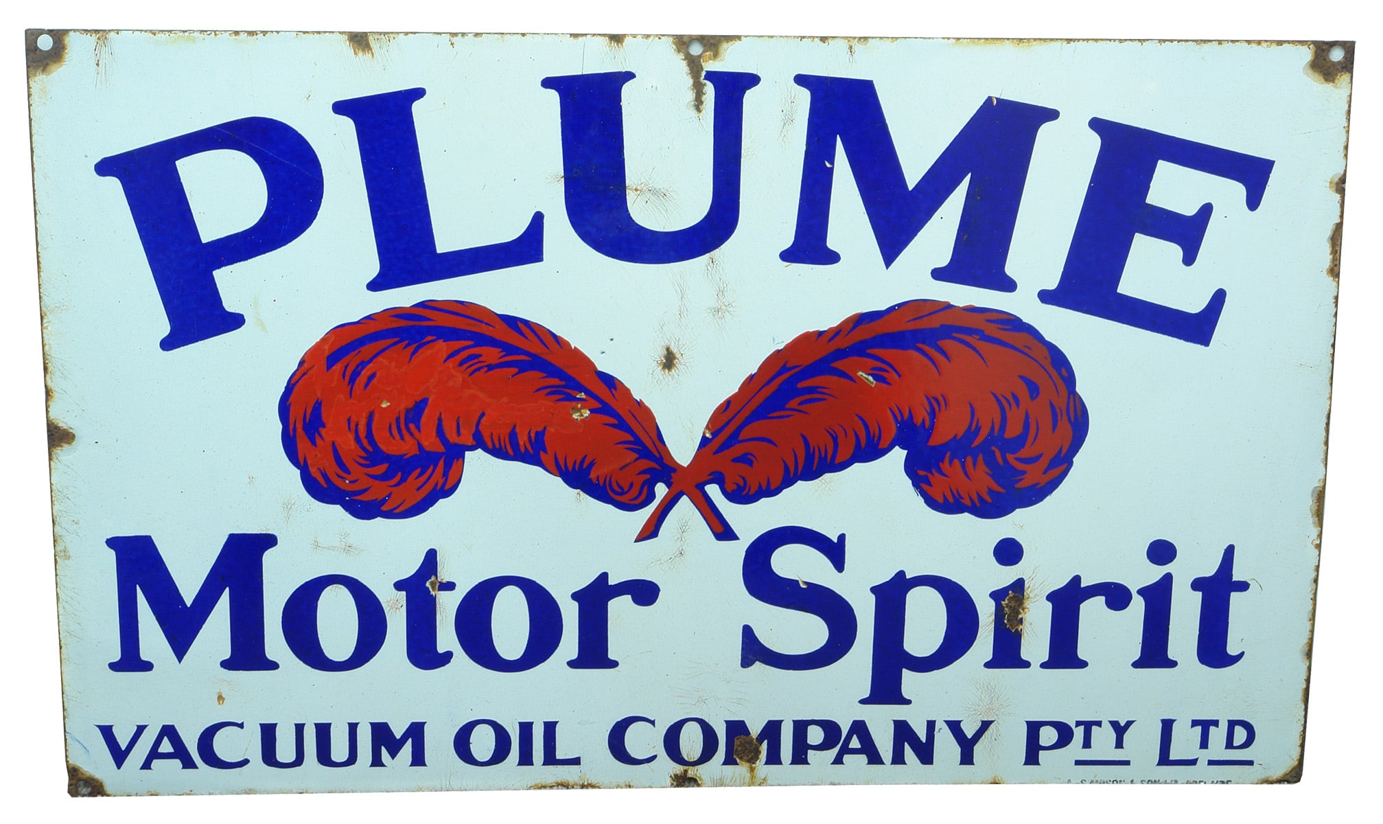 Plume Motor Spirit Vacuum Oil Company Enamel Sign