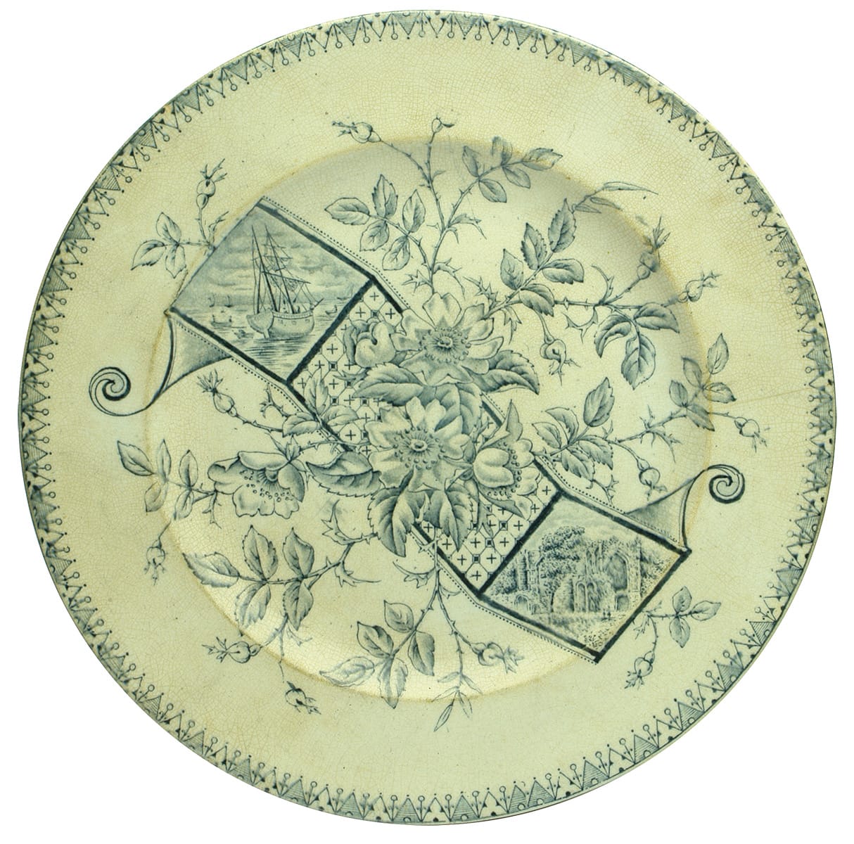 Navy Blue Print Boat Castle Antique Plate