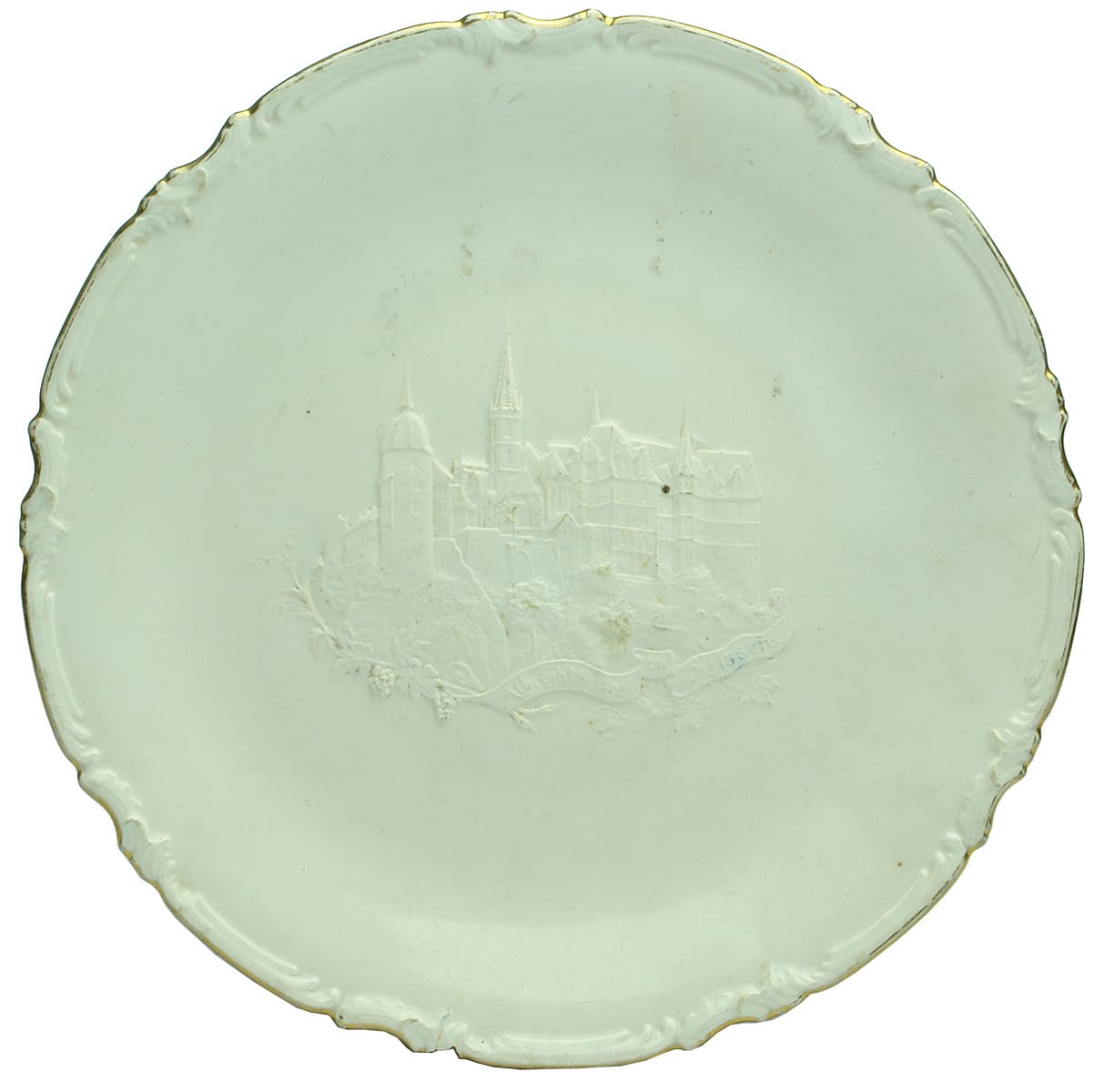 White Plate Embossed Building Antique