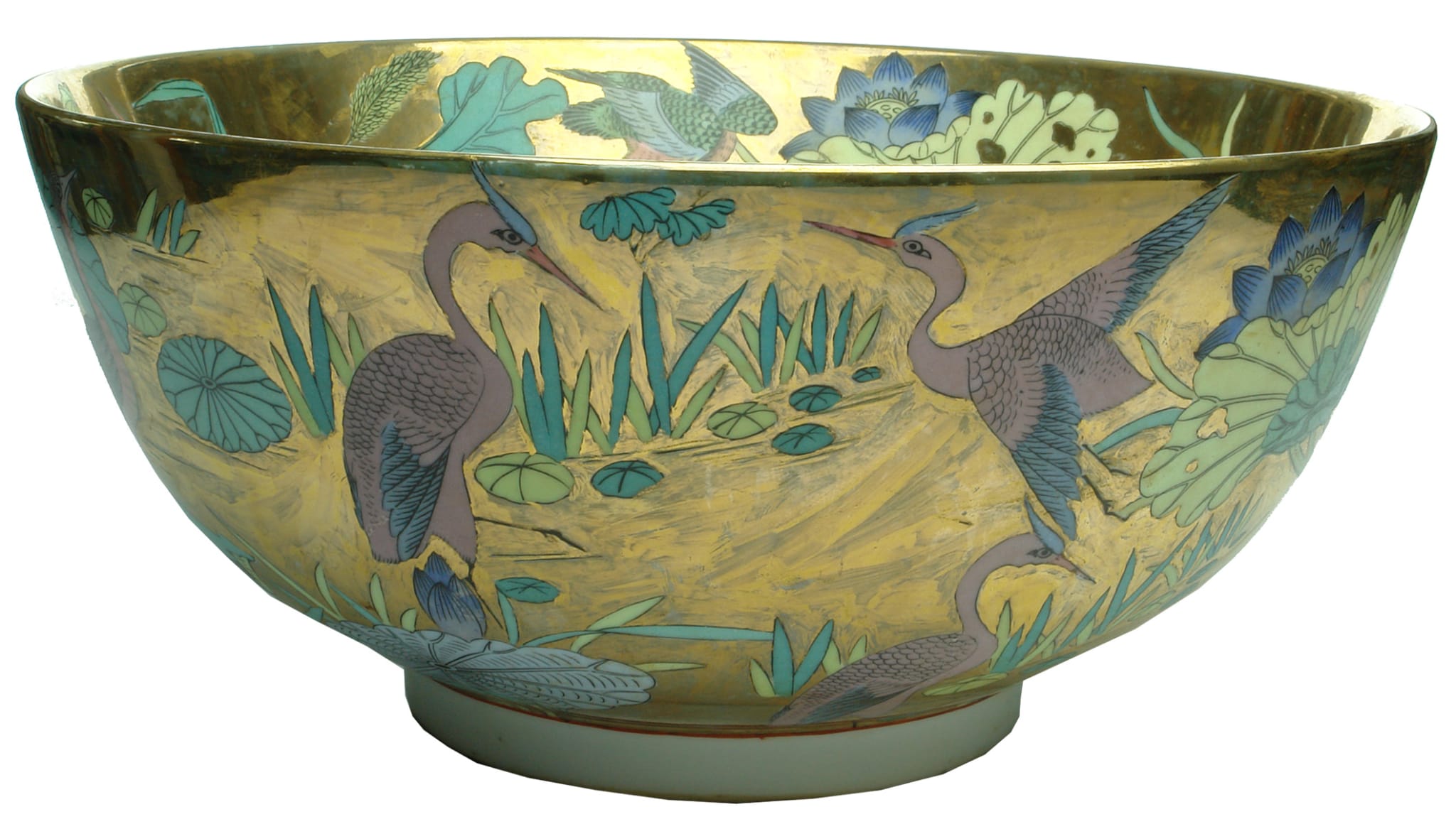 Golden Chinese Pottery Bowl Birds