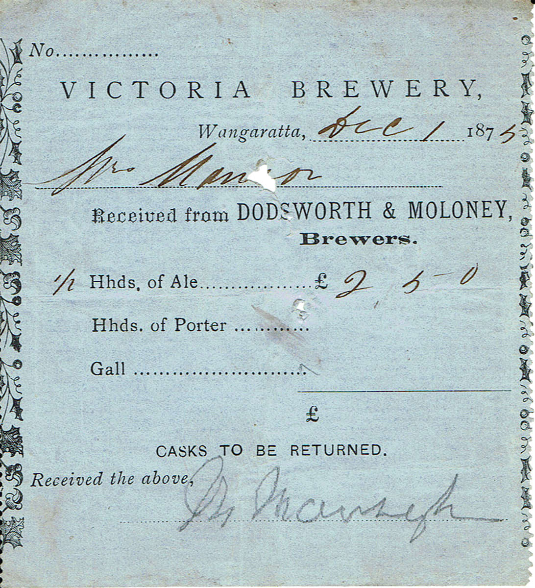 Delivery Receipts Victoria Brewery Wangaratta 1875 Dodsworth Moloney Michell