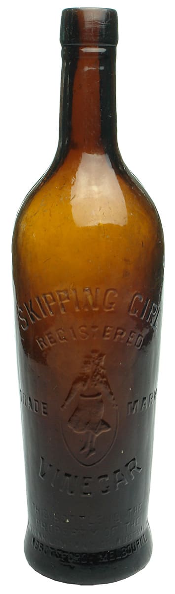 Skipping Girl Amber Glass Antique Vinegar Bottle