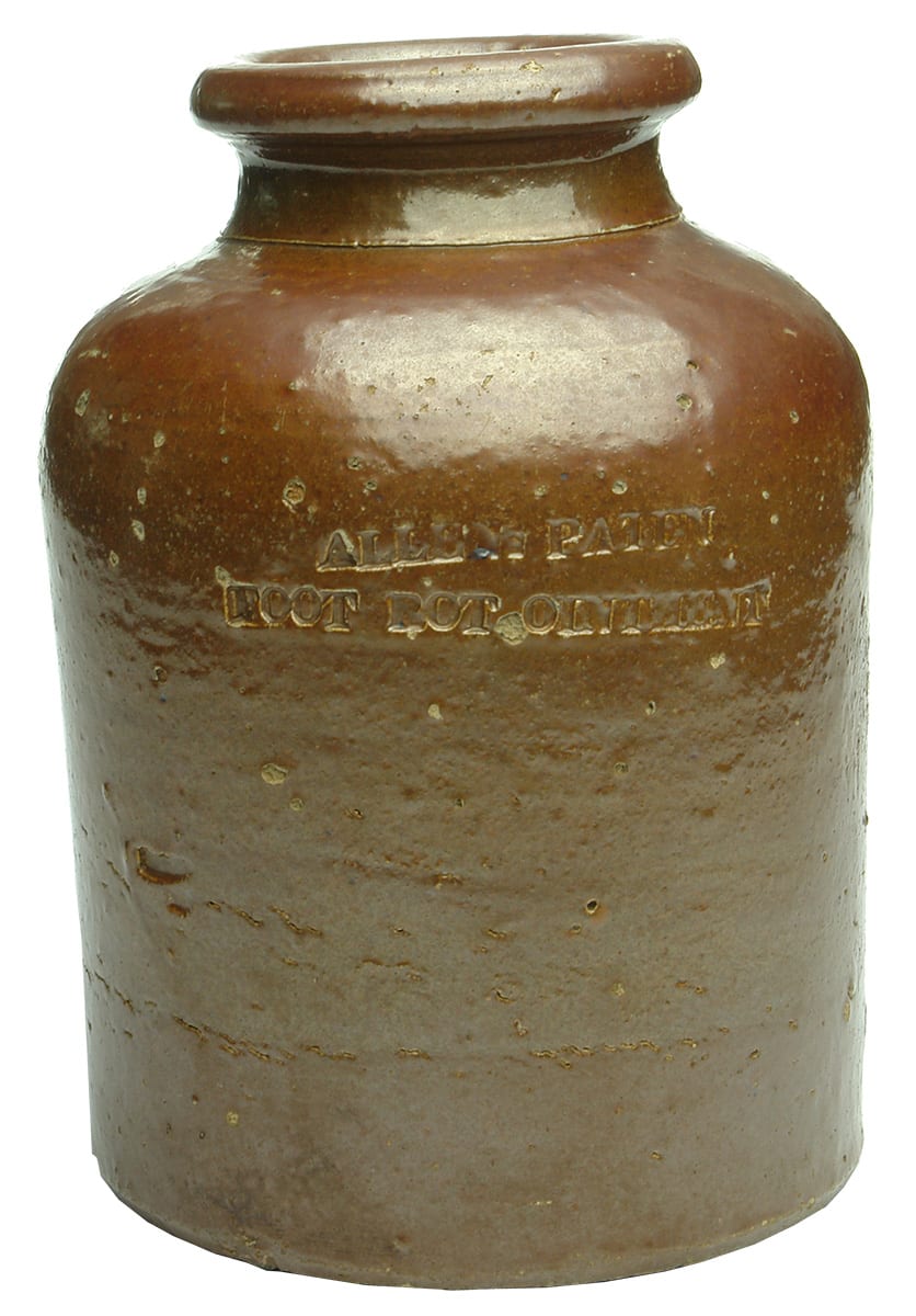 Allens Patent Foot Rot Ointment Stoneware Jar