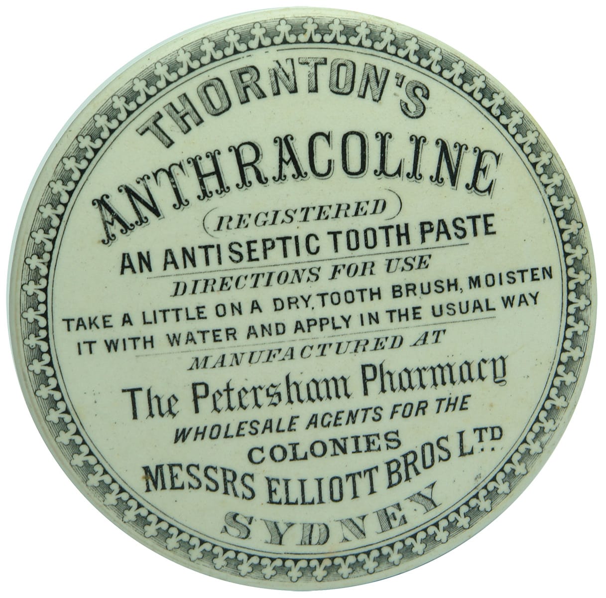 Thornton's Anthracoline Petersham Pharmacy Elliott Bros Pot Lid