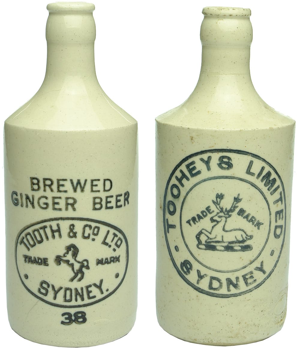 Tooth Tooheys Sydney Stoneware Crown Seal Ginger Beer Bottles