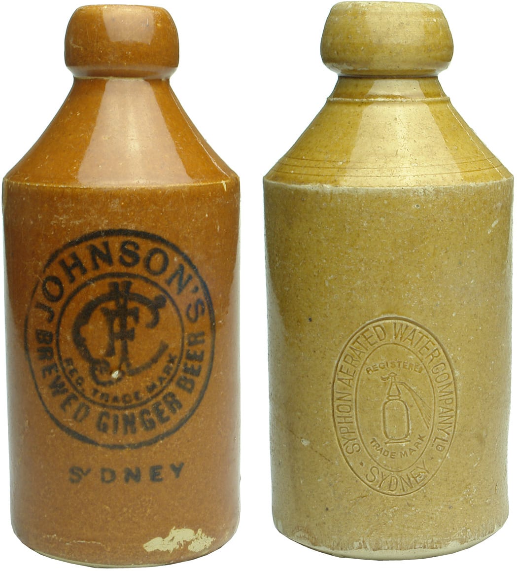 Johnson Syphon Sydney Stoneware Ginger Beer Bottles