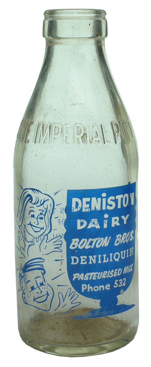 Deniston Dairy Bolton Deniliquin Ceramic Label Pint Milk Bottle