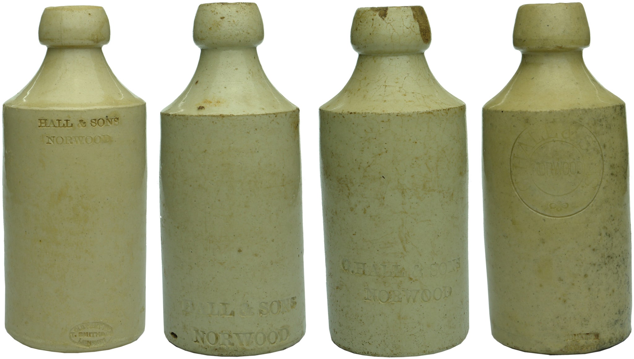 Hall Norwood Impressed Stoneware Ginger Beer Bottles