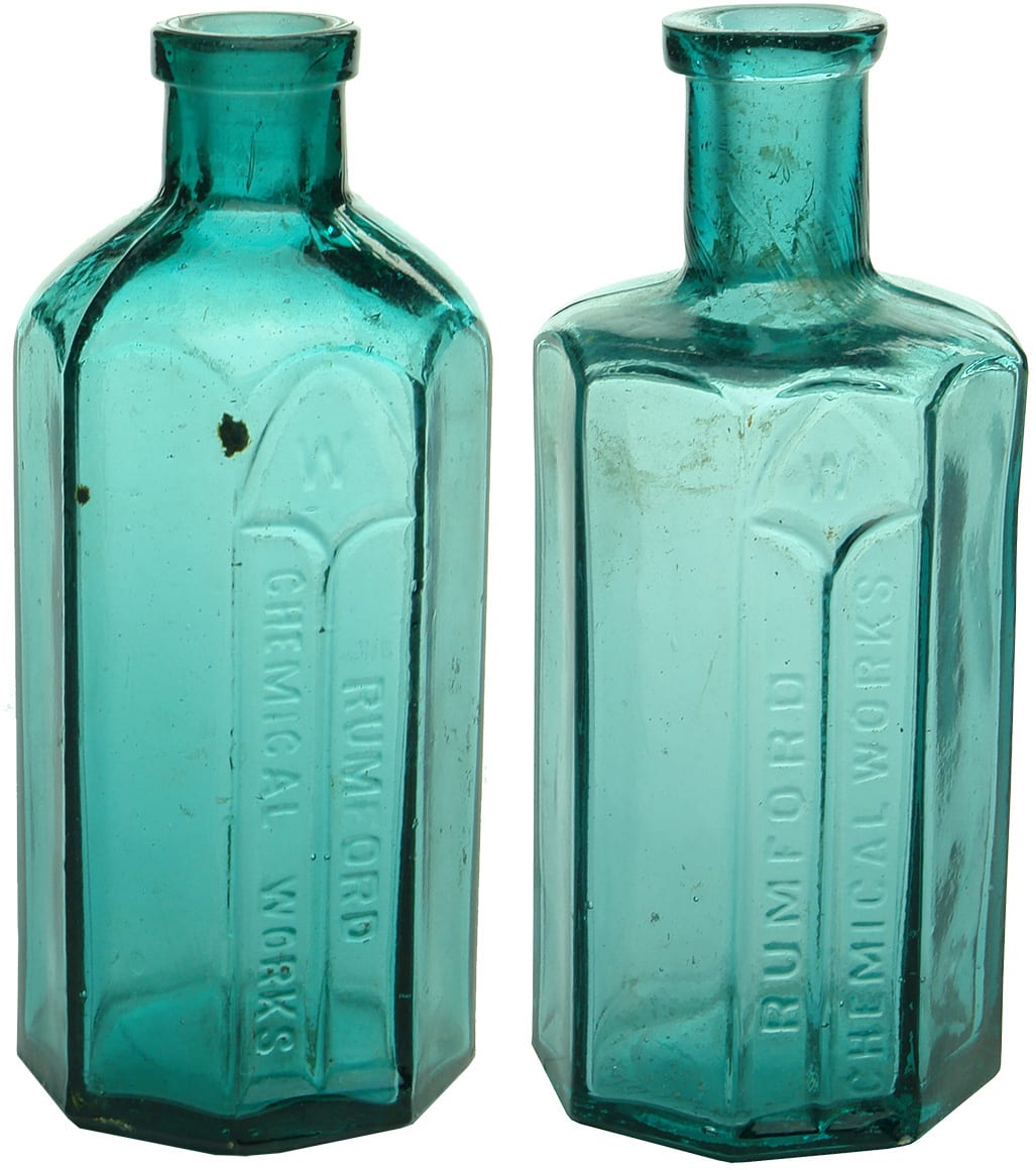Rumford Chemical Works Teal Glass Bottles