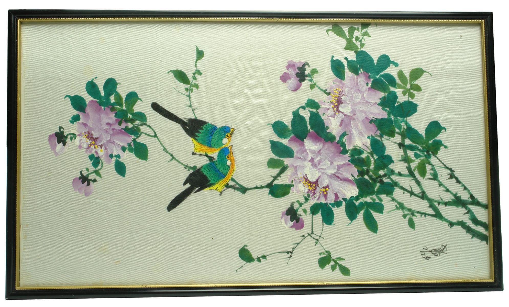 Asian Signed Silk Painting Colourful Birds