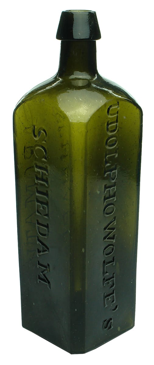 Udolpho Wolfe's Schiedam Black Glass Pontil Scar Bottle