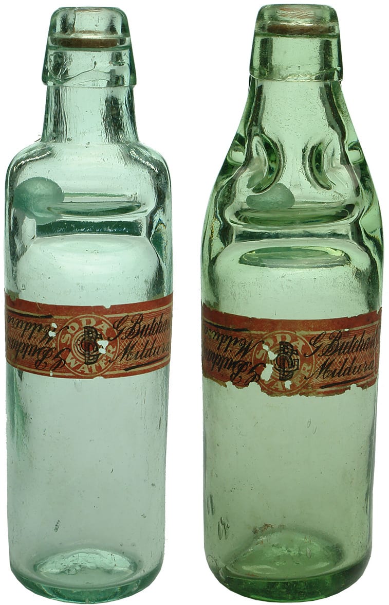 Butchard Mildura Labelled Antique Codd Bottles