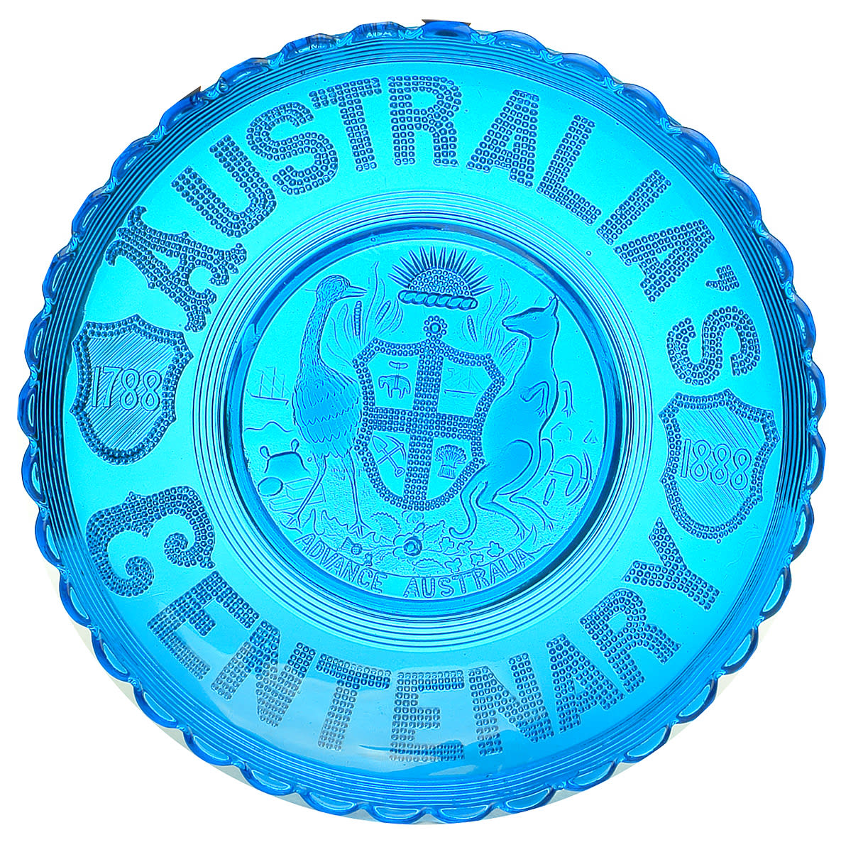 Australia's Centenary Coat of Arms 1888 Blue glass Plate