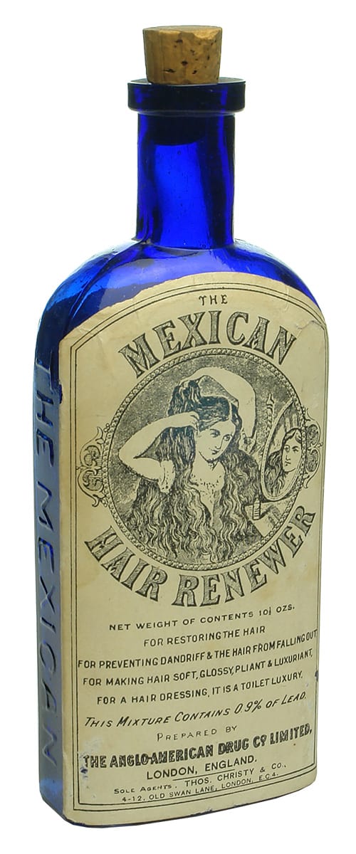 Mexican Hair Renewer Antique Labelled Blue Bottle