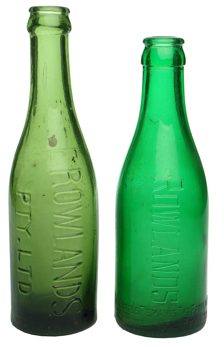 Green glass Rowlands Crown Seal Soft Drink Bottles