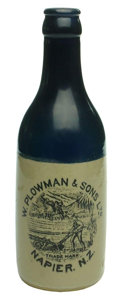 Plowman Napier Blue Top Stoneware Ginger Beer Bottle