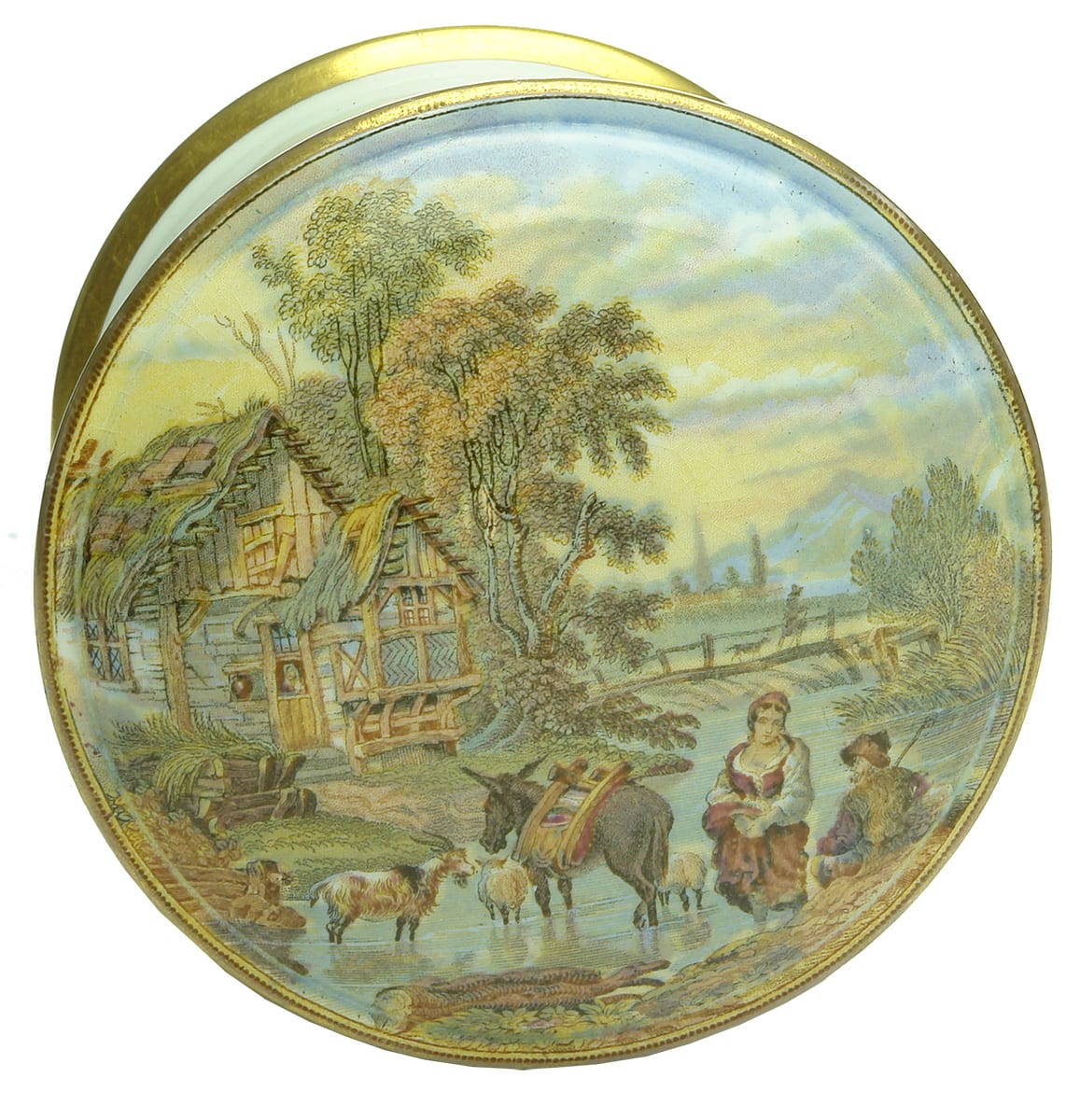 River Scene Antique Prattware Pot Lid