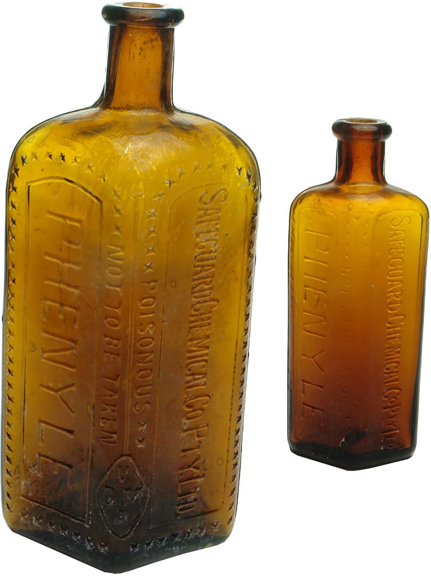 Safeguard Antique Amber Glass Phenyle Poison Bottles