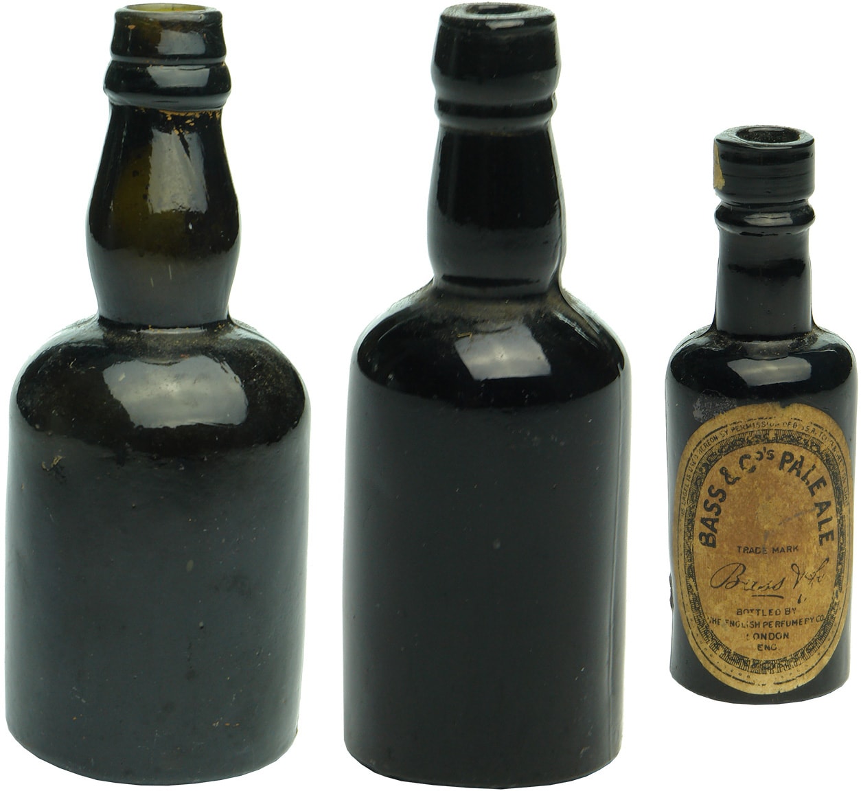 Antique Sample Black Glass Bottles