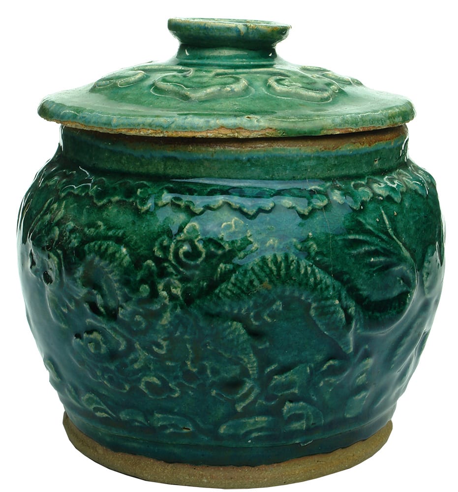 Green Glaze Chinese Lidded Jar Gargoyles