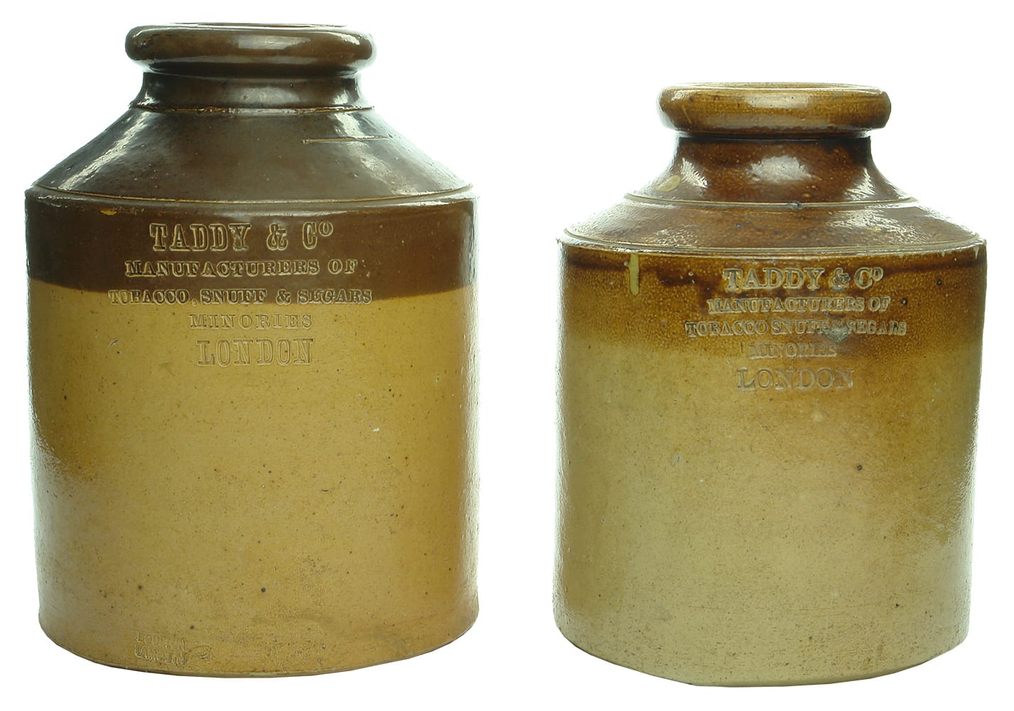 Antique Taddy Snuff Segars Stoneware Jars