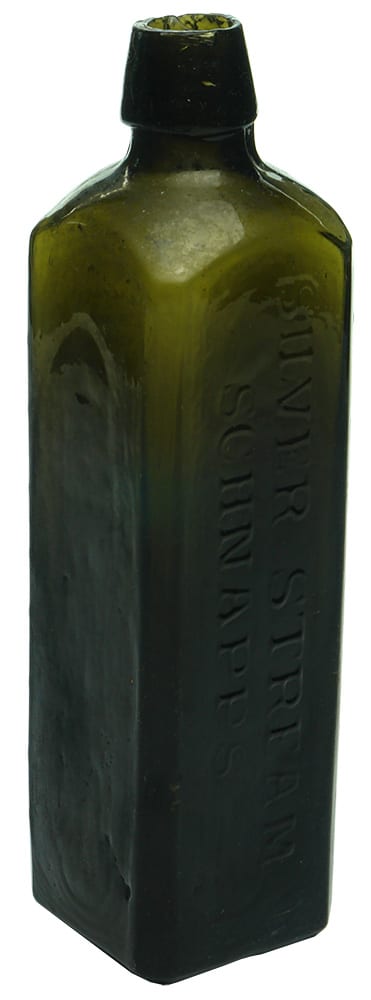 Gilbey Silver Stream Schnapps Antique Black Glass Bottle