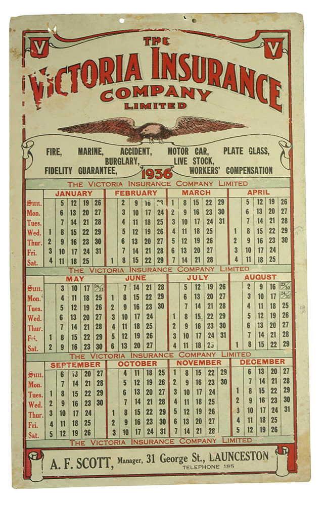 Victoria Insurance Company Scott Launceston 1936 Calendar