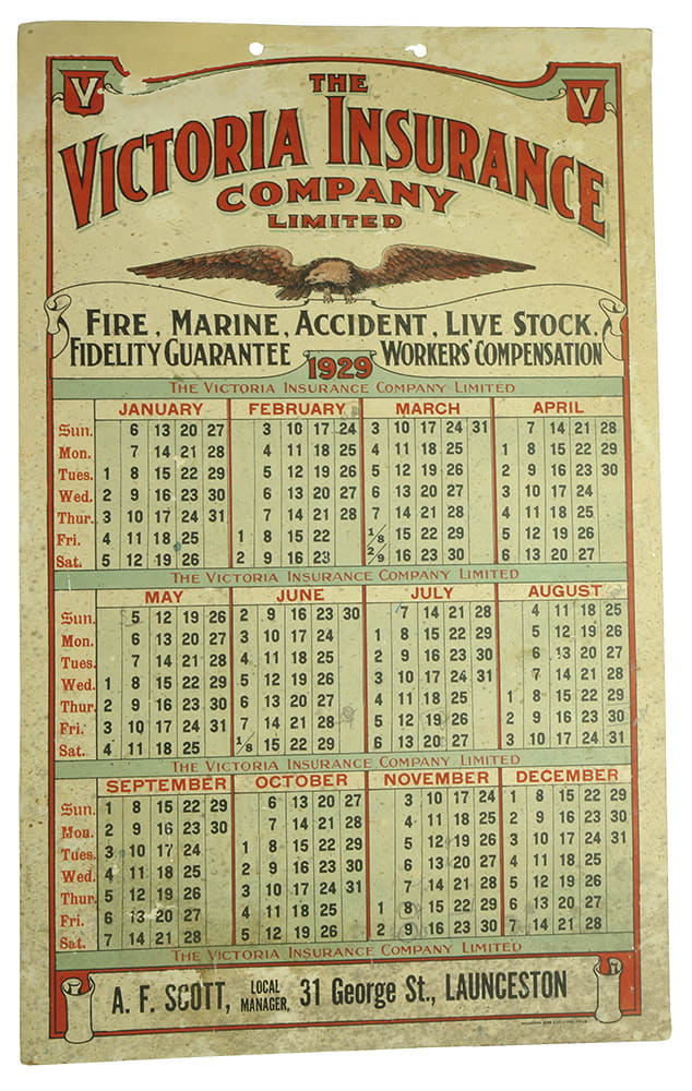 Victoria Insurance Company Scott Launceston 1929 Calendar