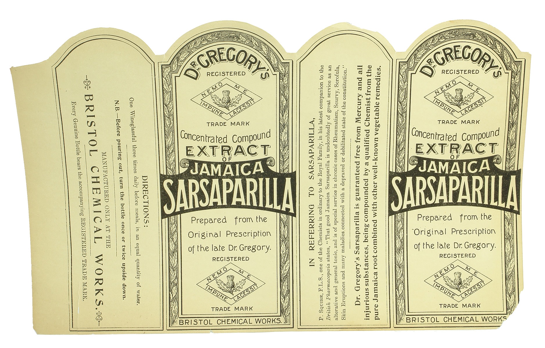Dr Gregory's Concentrated Extract Sarsaparilla Label