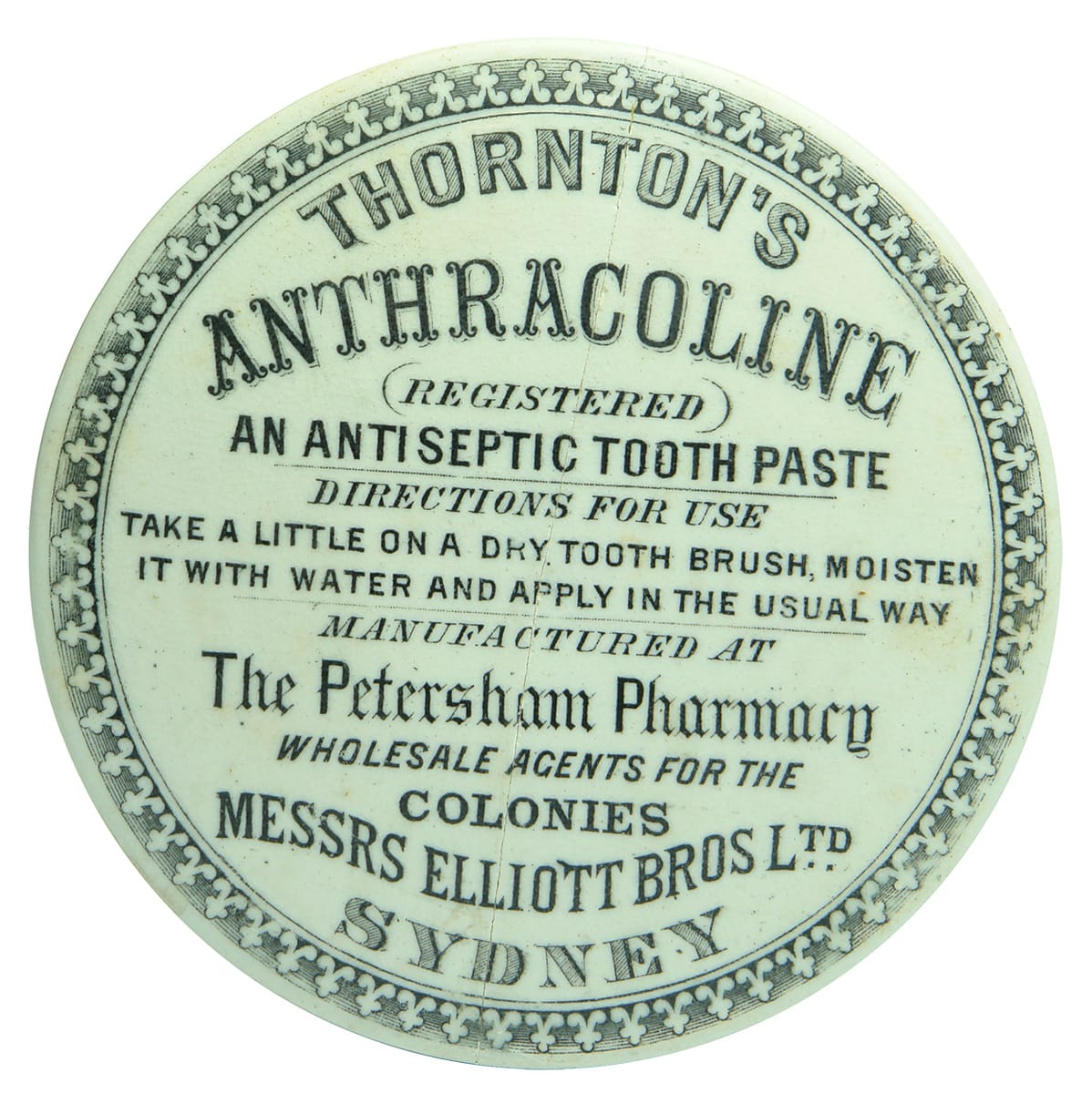 Thornton's Anthracoline Elliott Sydney Pot Lid