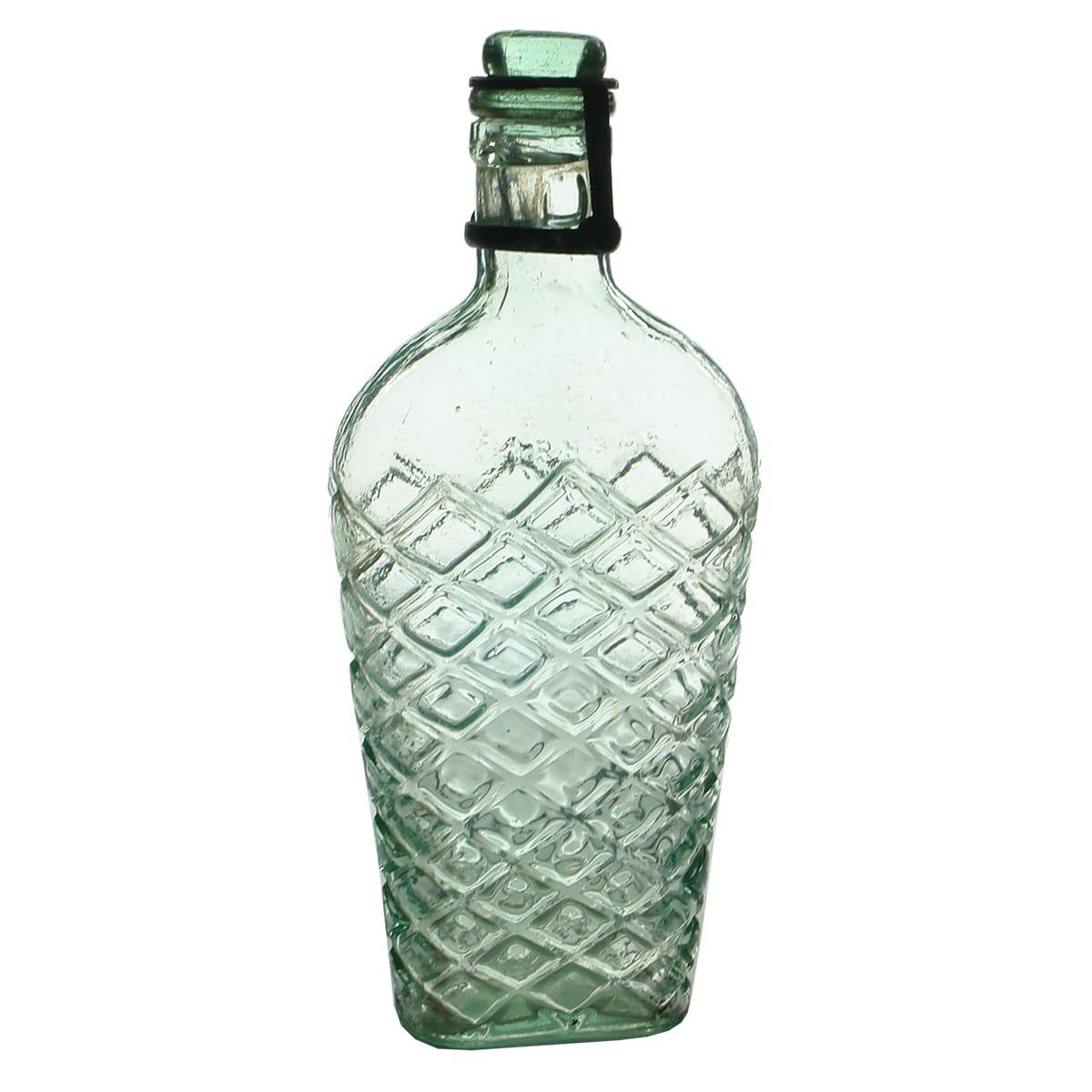 Patent. Dan Rylands A1 Patent. Flask with Diamond Pattern.  Aqua.  1/2 Pint.