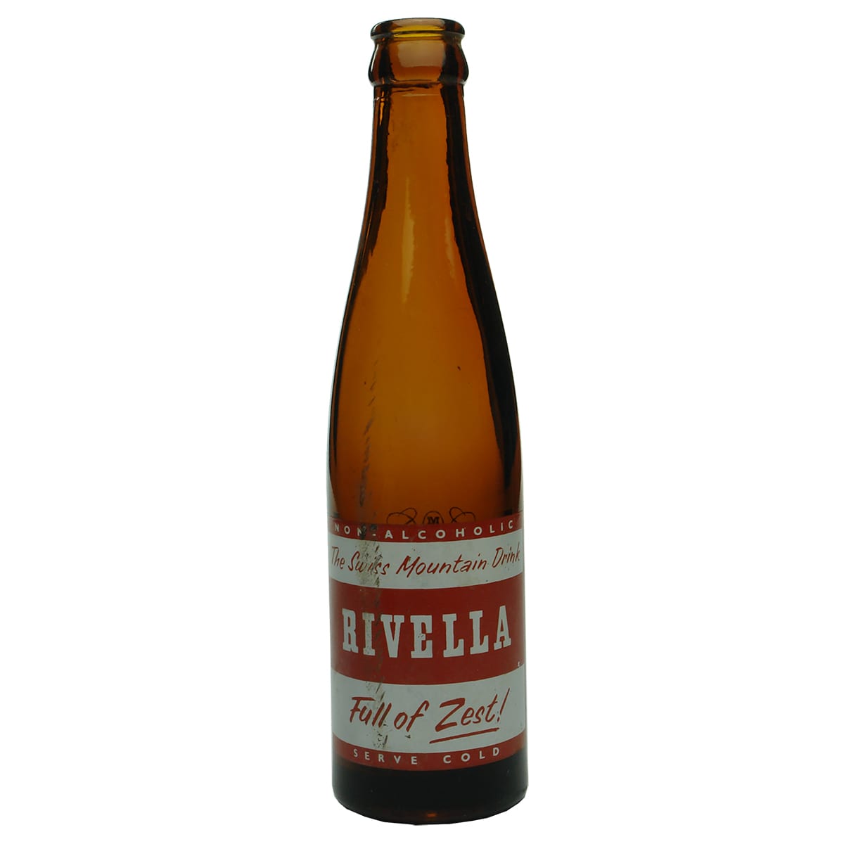 Crown Seal. Rivella. Amber. Red and white print. 8 oz.