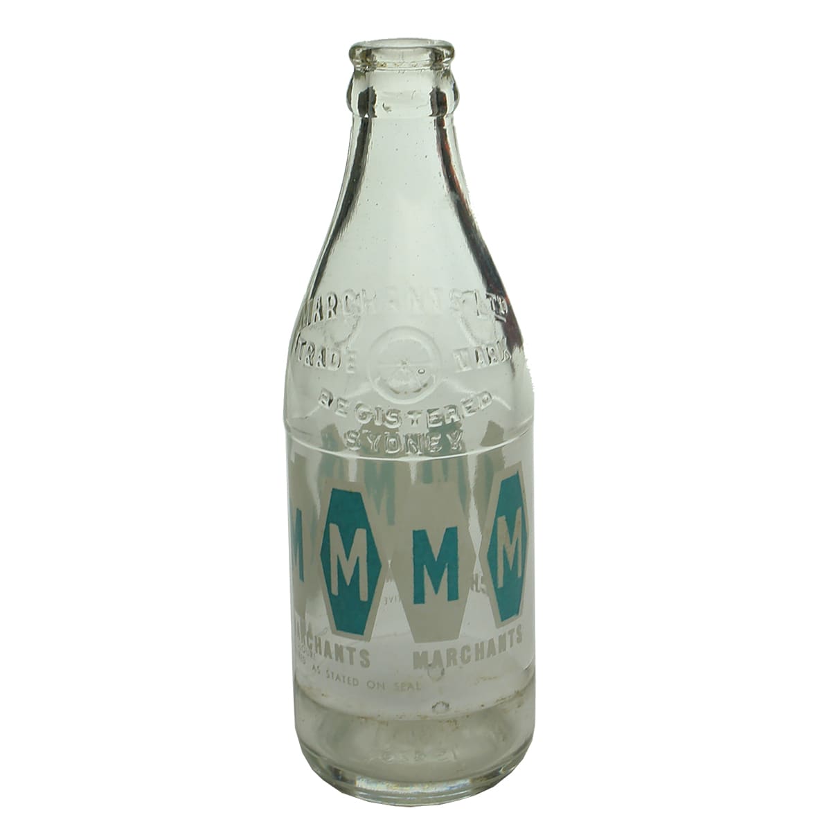Ceramic Label Crown Seal. Marchants, Sydney. Aqua & White Hexagons. Embossed Shoulder. Clear. 10 oz. (New South Wales)