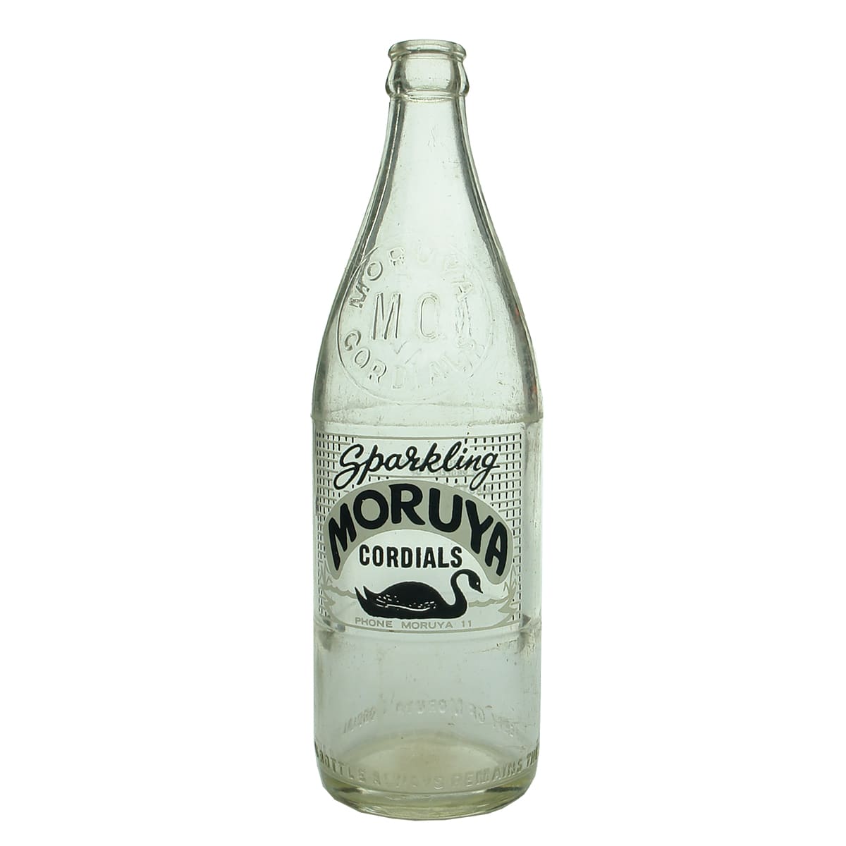 Crown Seal. Moruya Cordials. Ceramic Label. Embossed bottle and black Sparkling. Clear. 24 oz. (New South Wales)