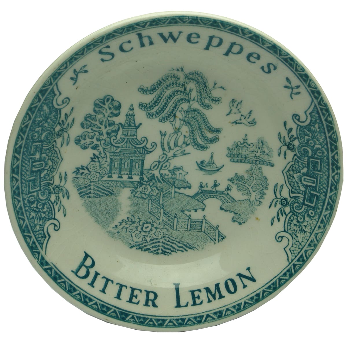 Change Tray. Schweppes, Bitter Lemon. Willow Pattern. Green.