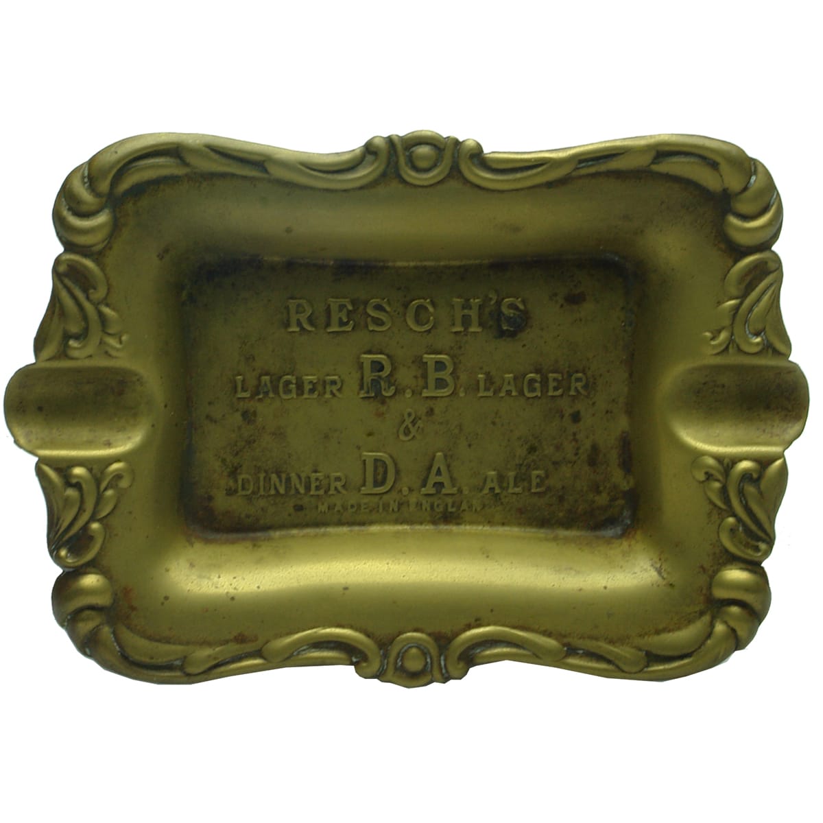 Ashtray. Resch's R. B. Lager & D. A. Dinner Ale. Brass. (Sydney, New South Wales)