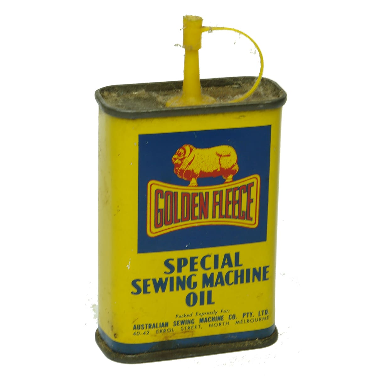 Garagenalia. Golden Fleece Special Sewing Machine Oil Tin, Ward Bros. Sewing Machines, North Melbourne. 4 oz. (Victoria)