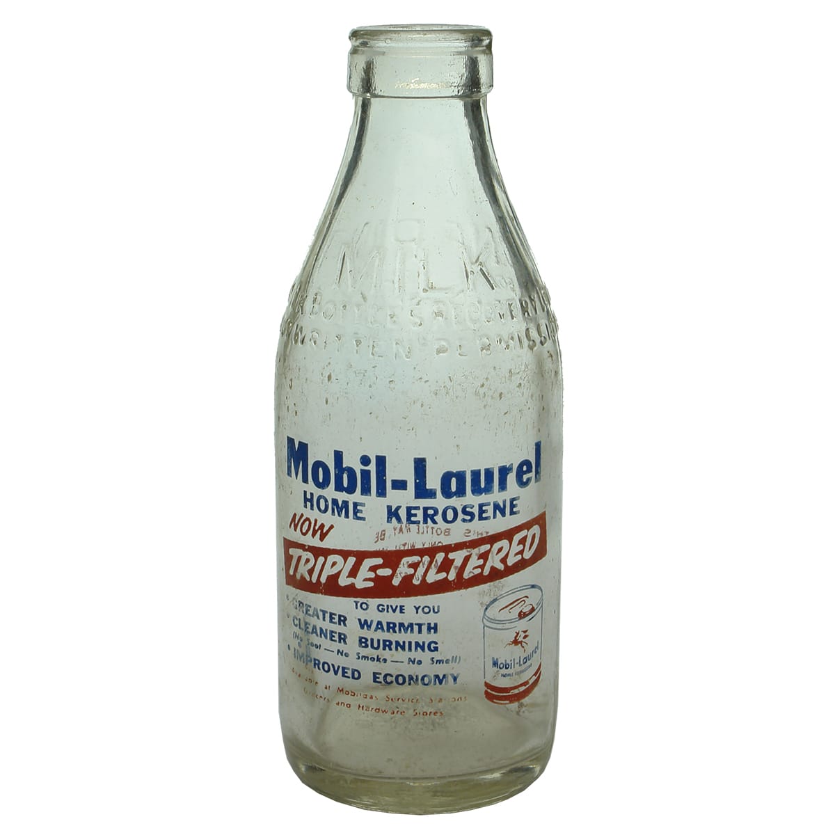 Milk. Mobil-Laurel Home Kerosene. Foil Top. Blue and red print. 1 Pint. (Victoria)