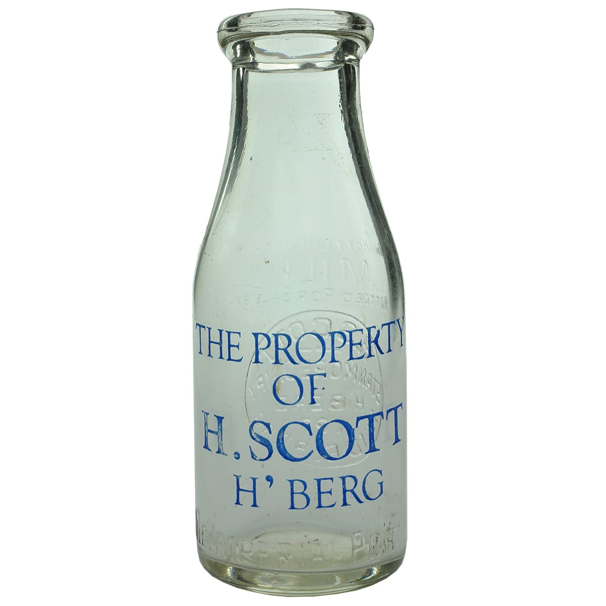 Milk. H. Scott, Stanmore Dairy, Heidelberg. Wad lip. Ceramic Label. 1 Pint. (Victoria)