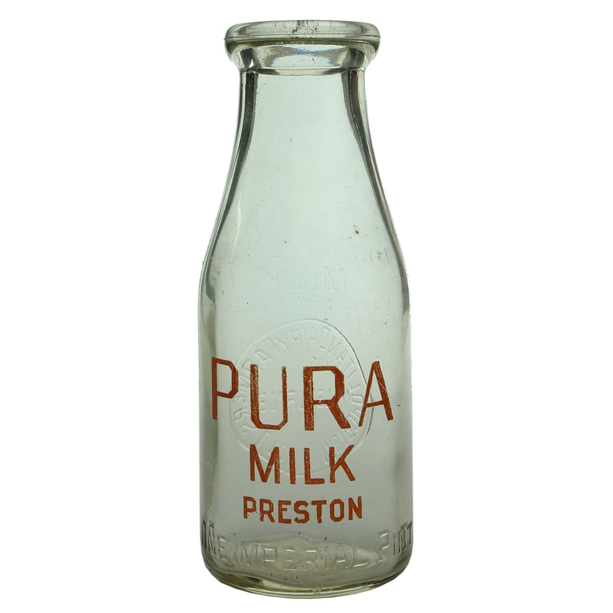 Milk. Metropolitan Dairy Farmers Ltd., Melbourne. Pura Milk Preston. Wad lip. Red or Orange print. 1 Pint. (Victoria)