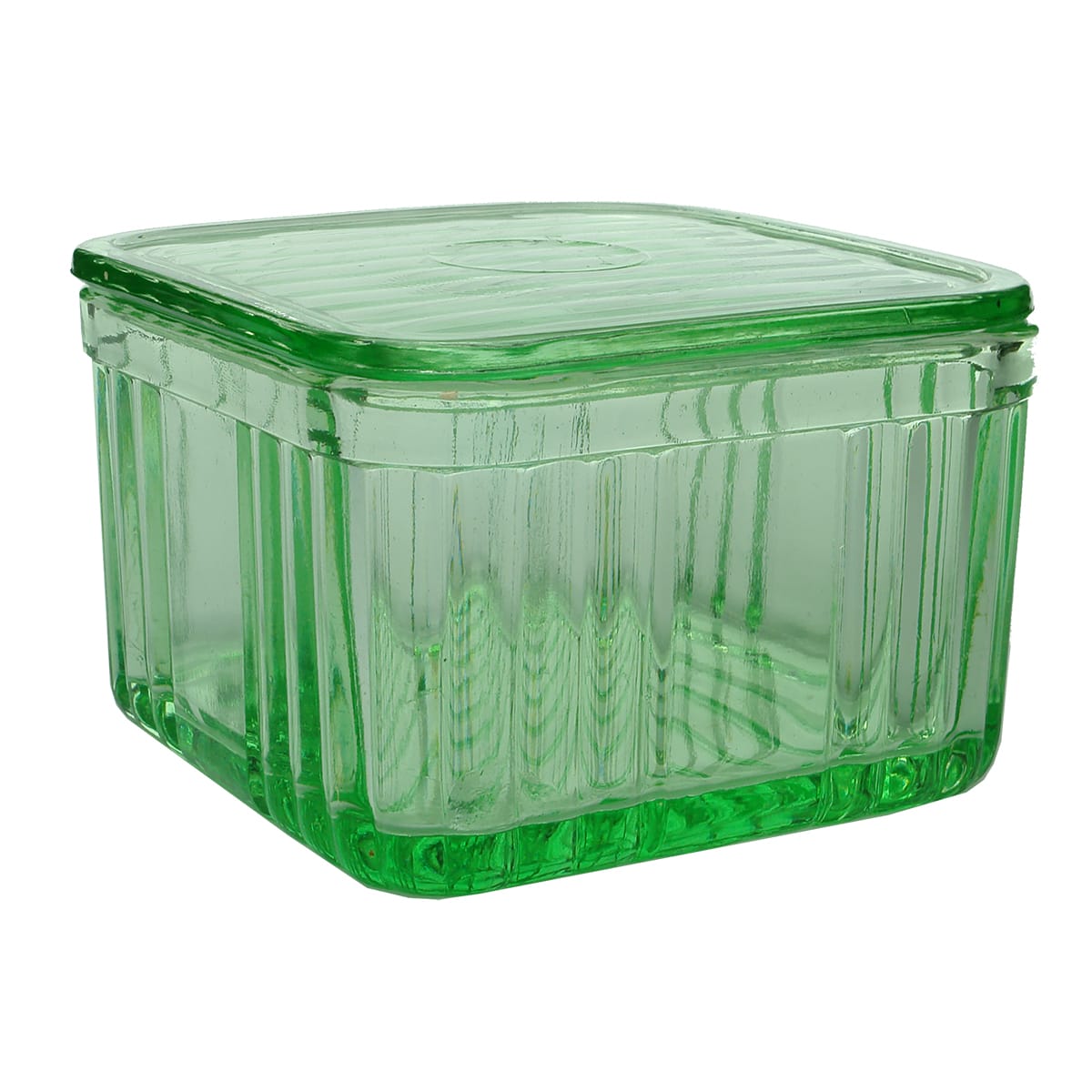 Glassware. Green depression glass square lidded container.